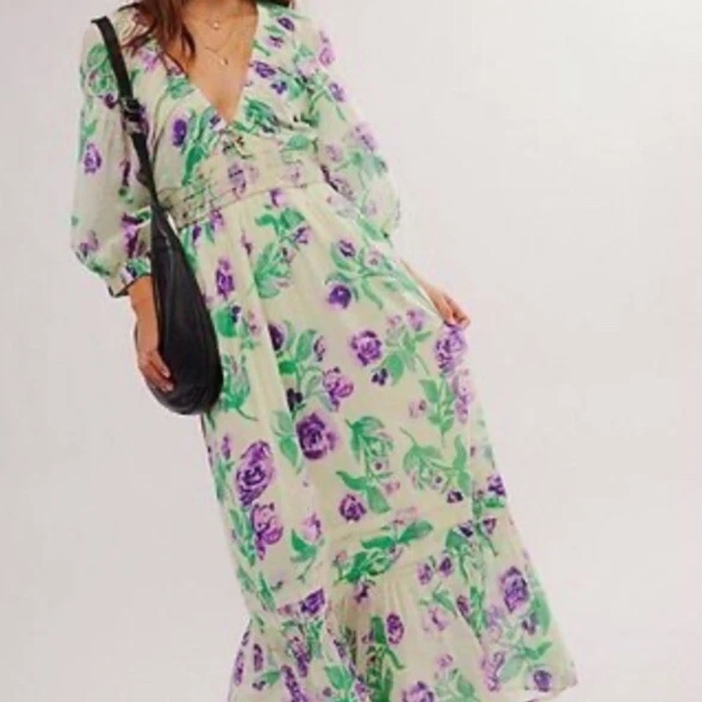 Free People Floral V-Neck Dress in Green and Purple